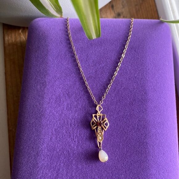 💛 10k Antique Garnet & Pearl Necklace - Picture 1 of 7